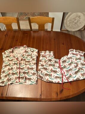 Joyce Studio Cream Leopard-Print Pajama Top with Red Trim